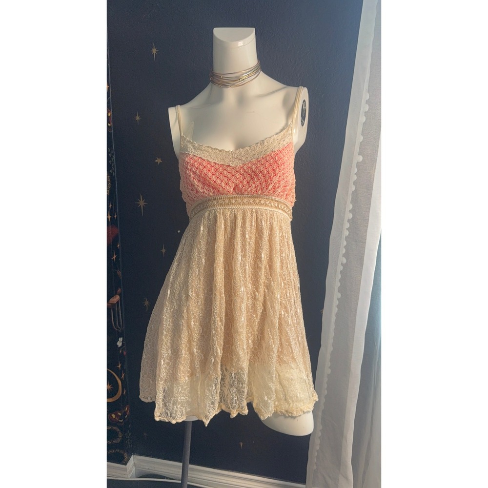 Hazel Lace Babydoll Mini Dress Tunic Coral Pink Cream Boho Fairycore Large
